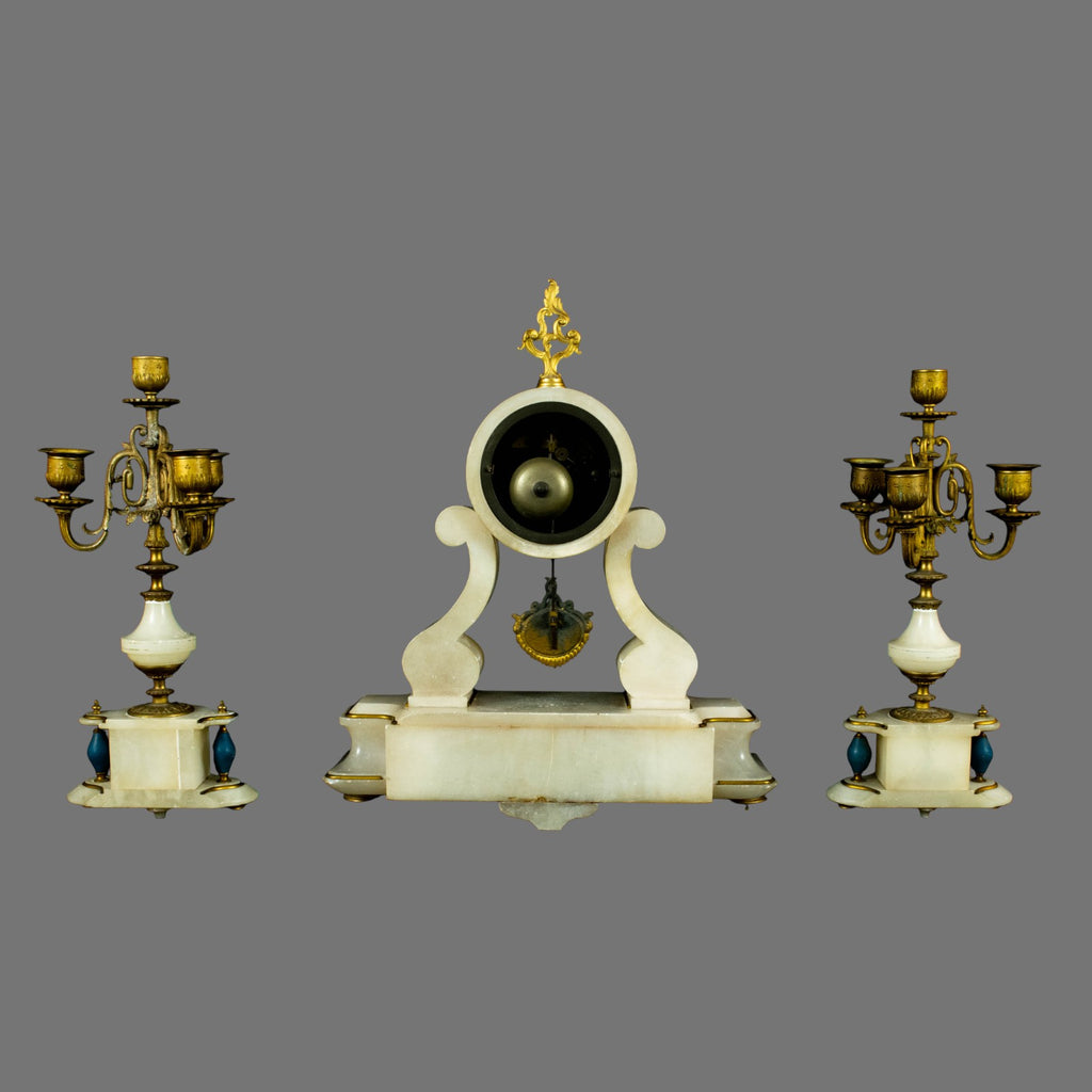 Mantle Clock, Alabaster, Garniture, 1870