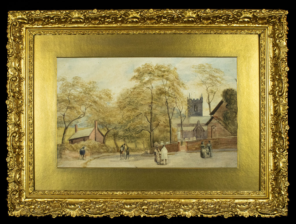 Watercolour, Late 19th-Century, English Street Scene with Church, Gilt Frame, Glazed