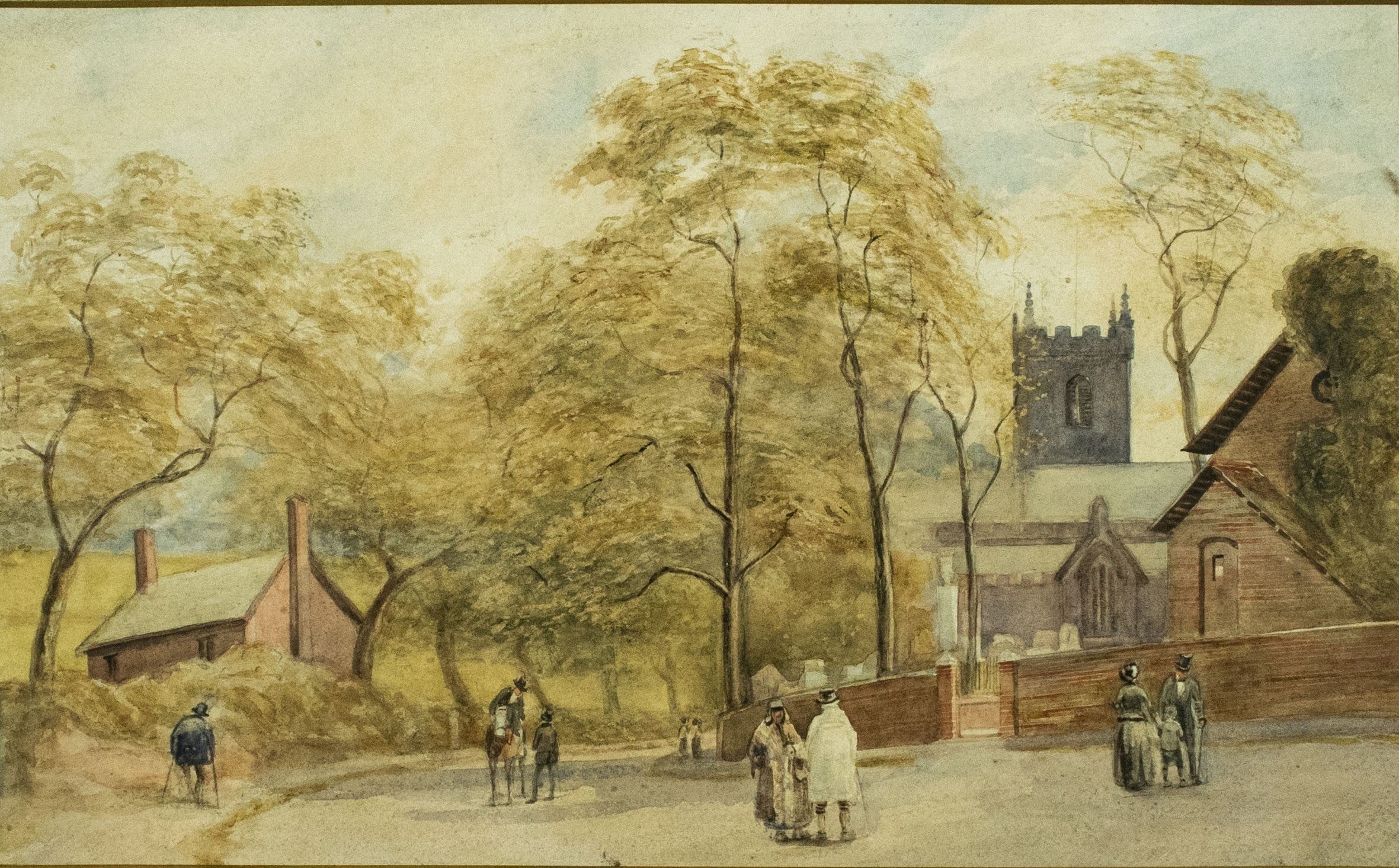 Watercolour, Late 19th-Century, English Street Scene with Church, Gilt Frame, Glazed