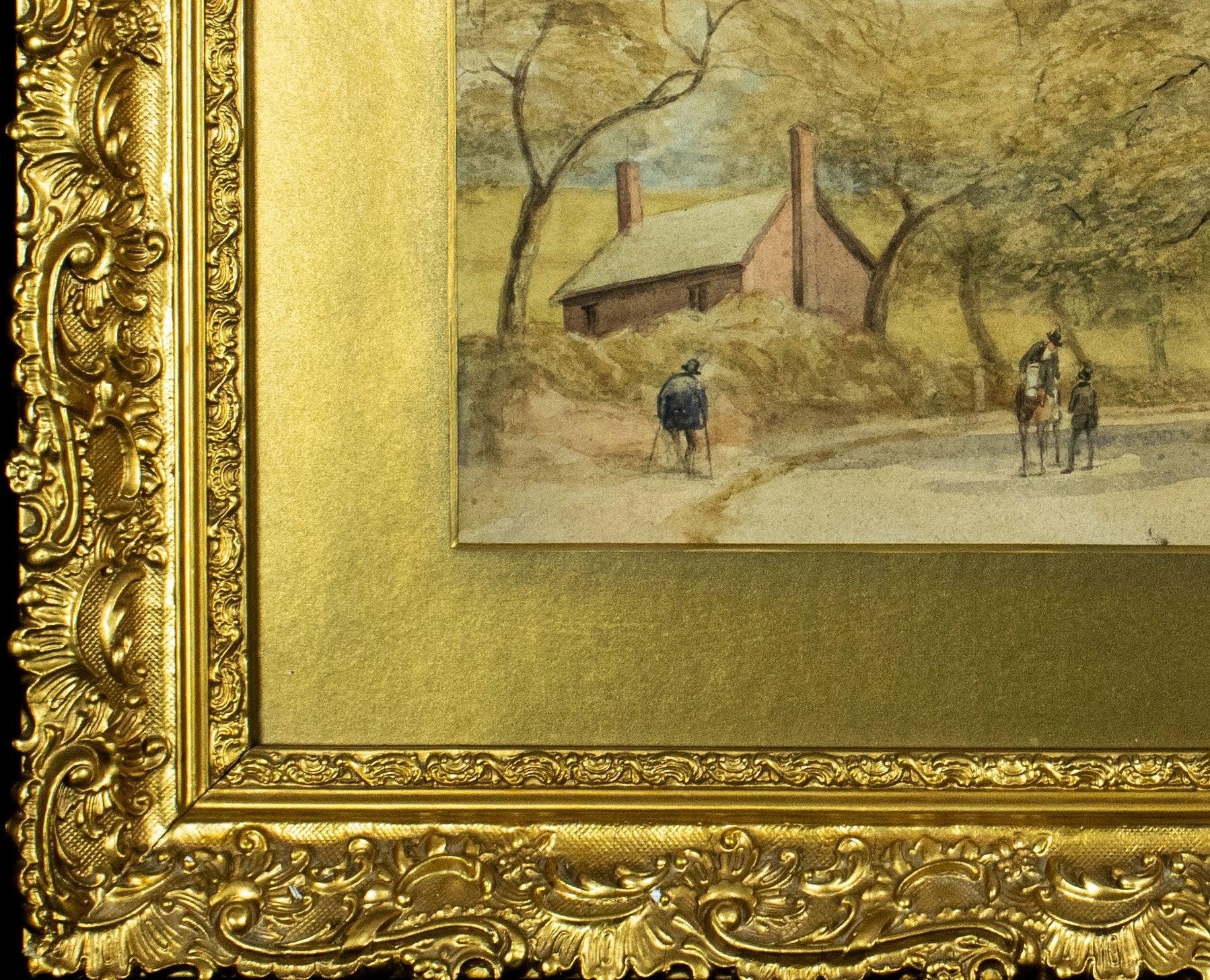 Watercolour, Late 19th-Century, English Street Scene with Church, Gilt Frame, Glazed