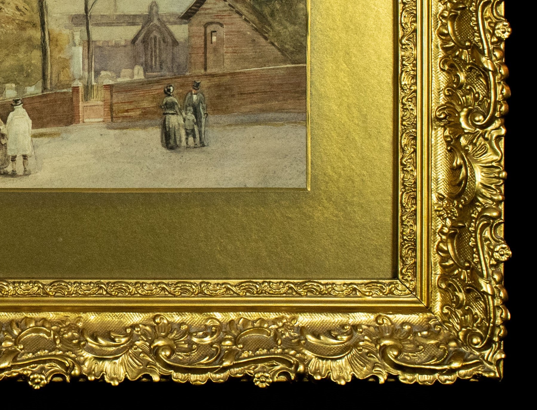 Watercolour, Late 19th-Century, English Street Scene with Church, Gilt Frame, Glazed