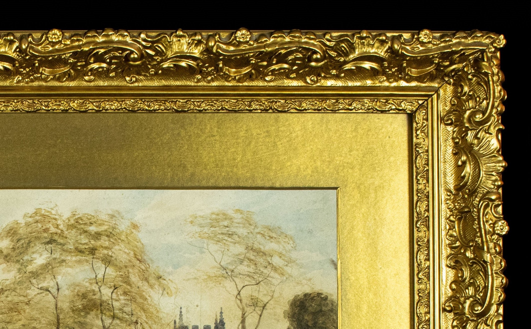 Watercolour, Late 19th-Century, English Street Scene with Church, Gilt Frame, Glazed