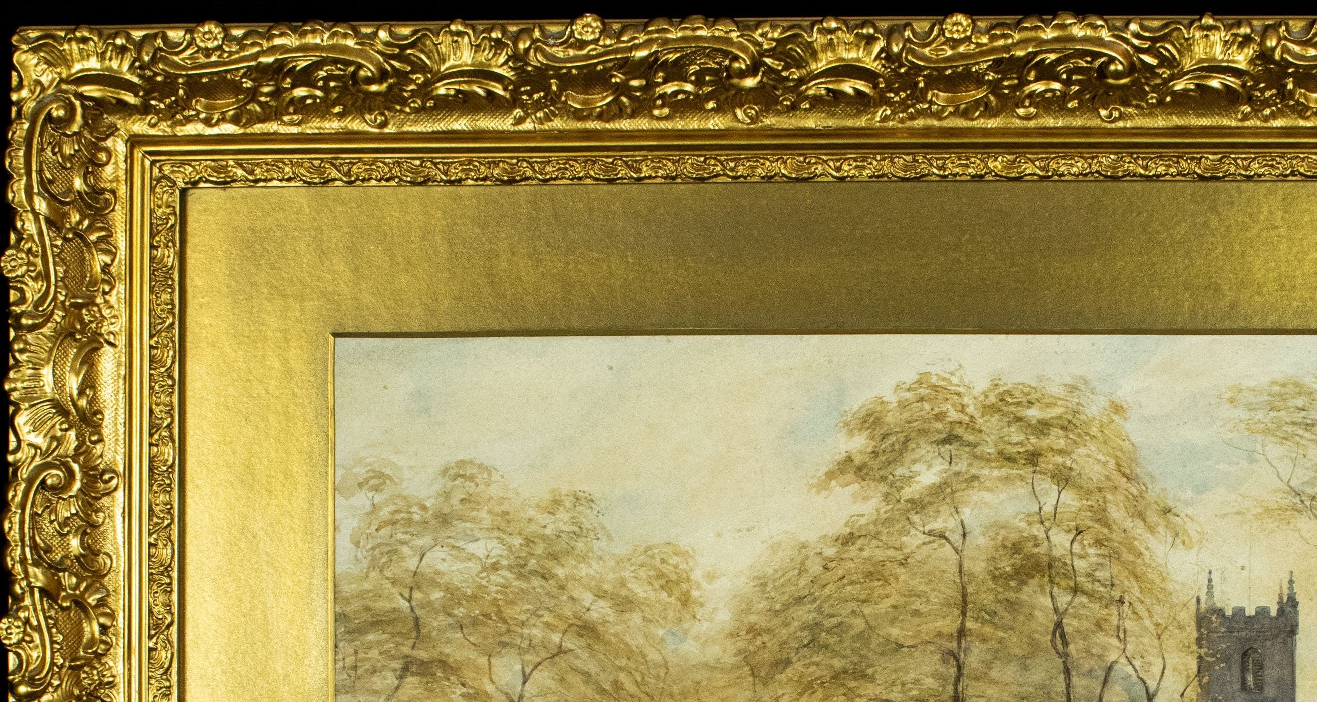 Watercolour, Late 19th-Century, English Street Scene with Church, Gilt Frame, Glazed