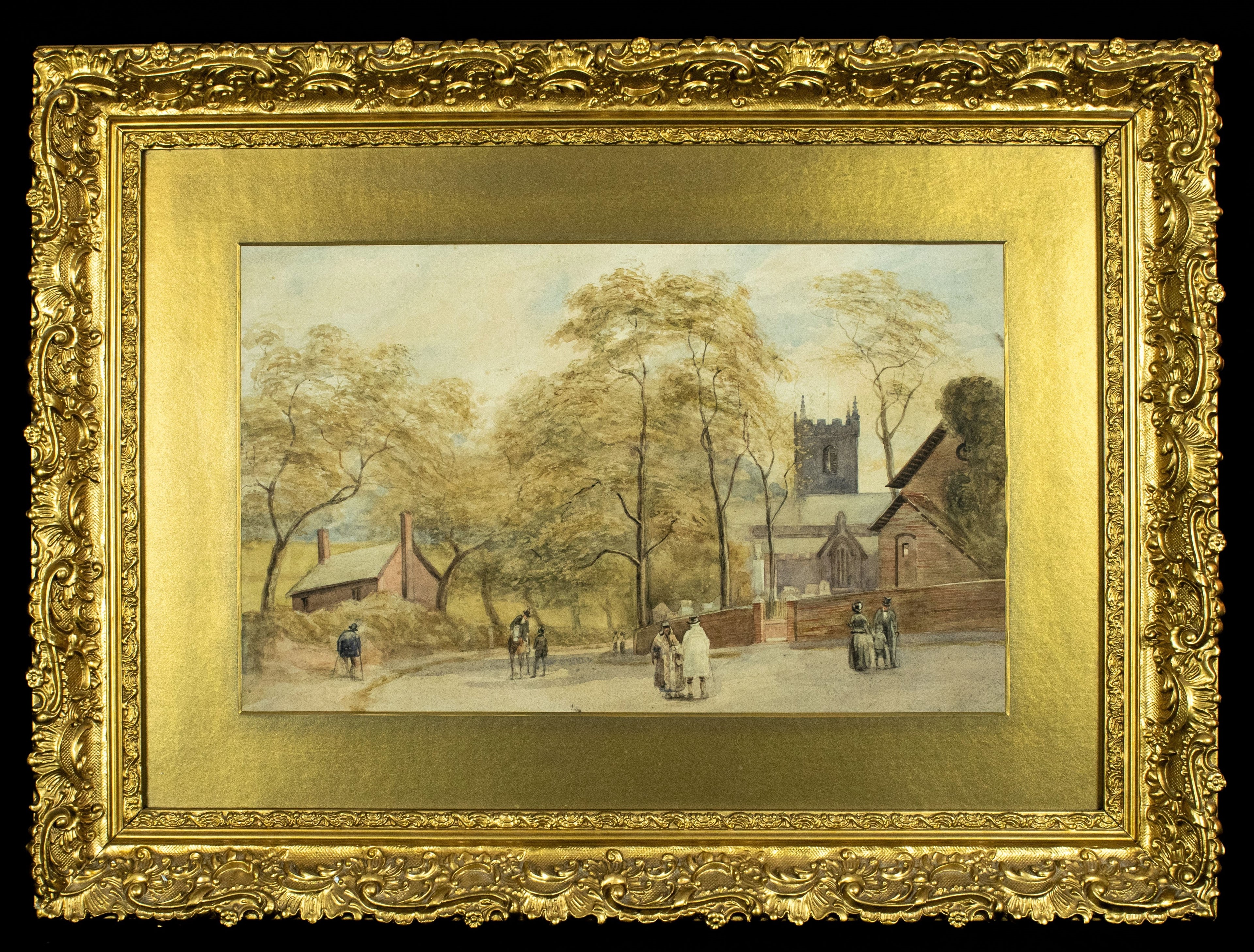 Watercolour, Late 19th-Century, English Street Scene with Church, Gilt Frame, Glazed
