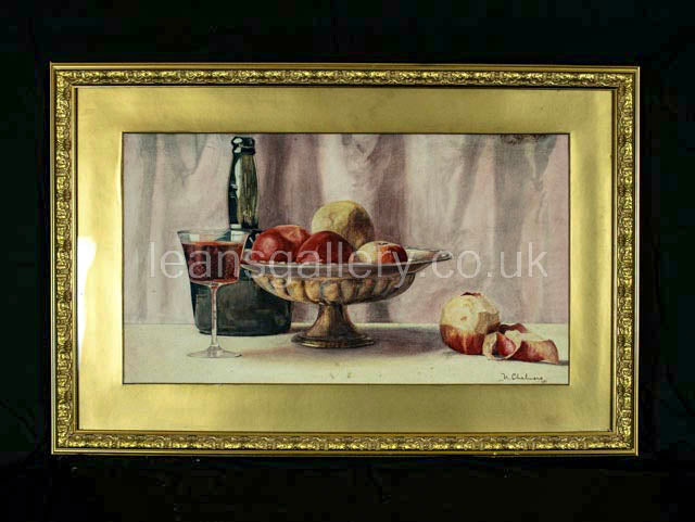 Watercolour, Antique, Still Life, Wine and Fruits