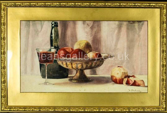 Watercolour, Antique, Still Life, Wine and Fruits