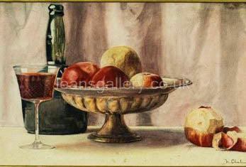 Watercolour, Antique, Still Life, Wine and Fruits
