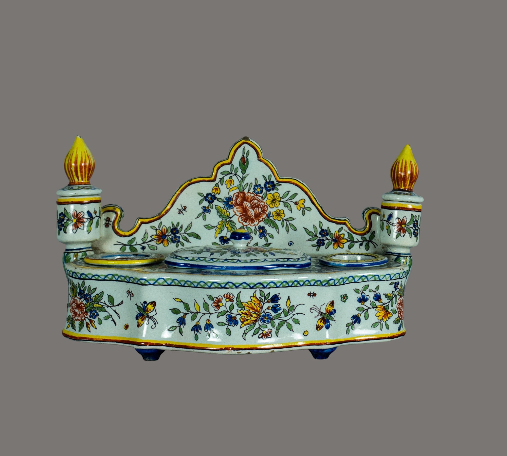 French Faience Double Inkwell, Rouen Region, 19th / Early 20th Century