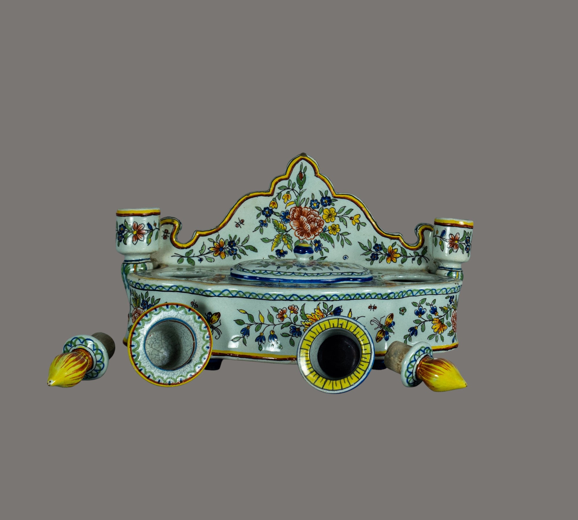 French Faience Double Inkwell, Rouen Region, 19th / Early 20th Century