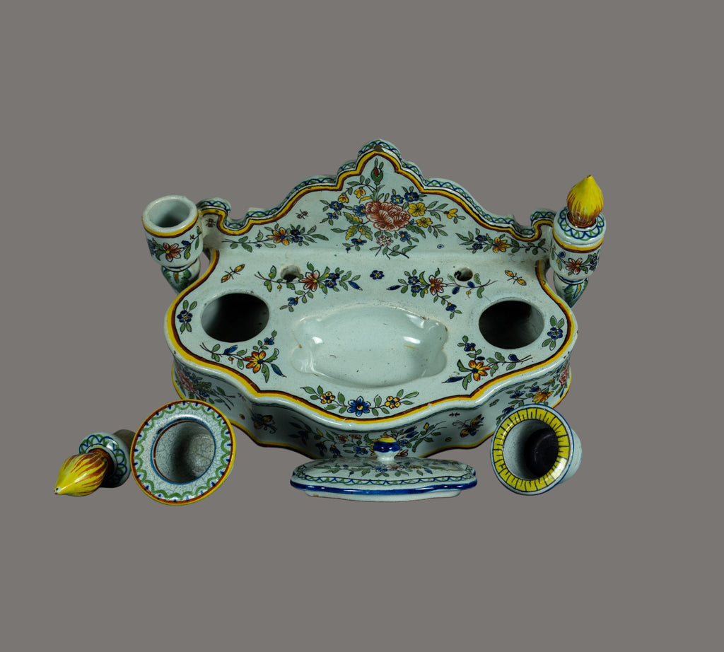French Faience Double Inkwell, Rouen Region, 19th / Early 20th Century
