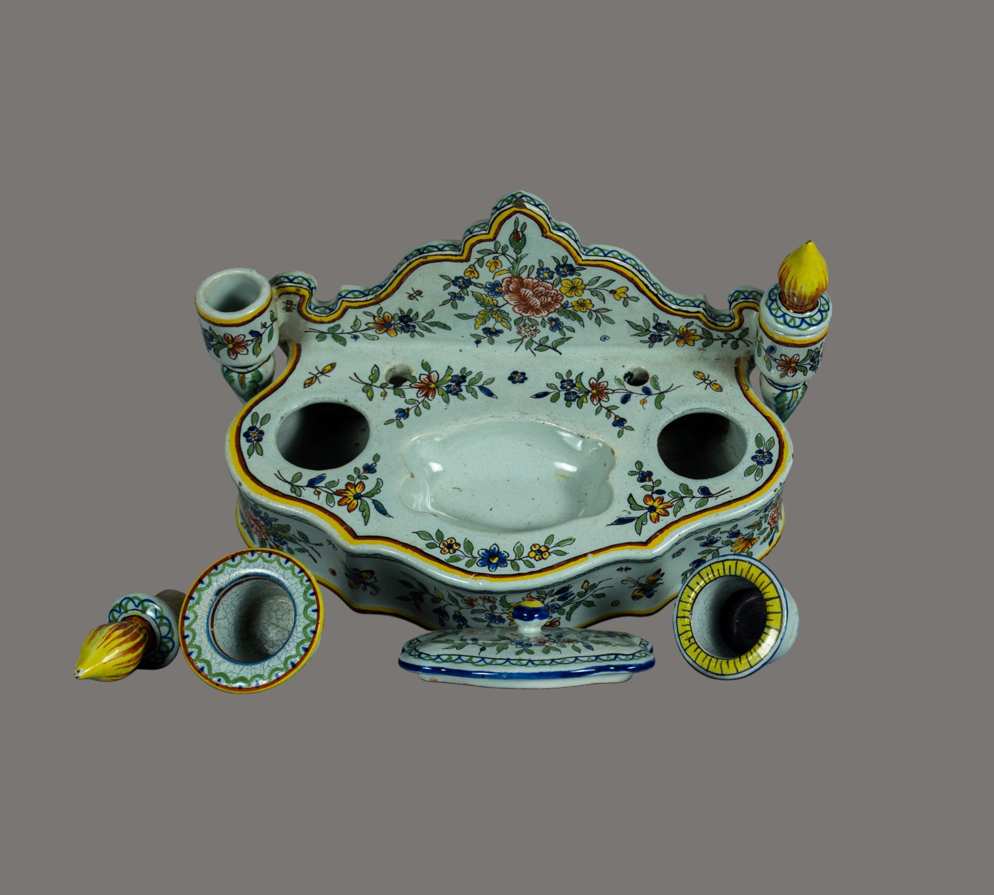French Faience Double Inkwell, Rouen Region, 19th / Early 20th Century