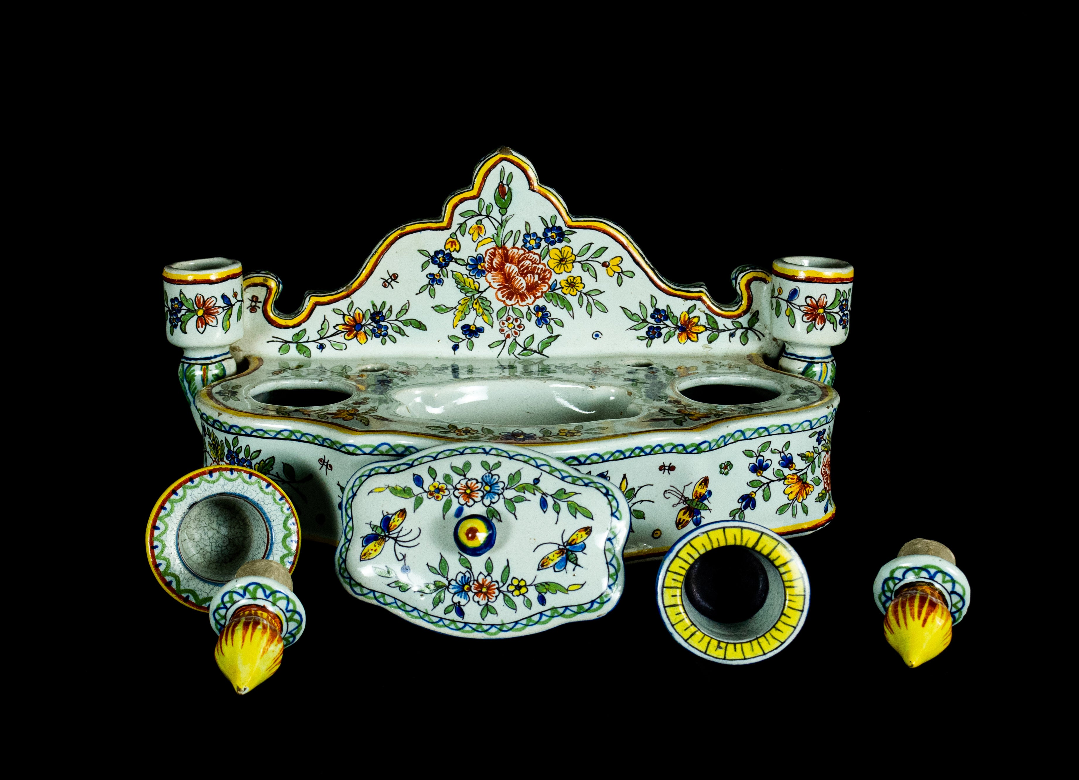French Faience Double Inkwell, Rouen Region, 19th / Early 20th Century