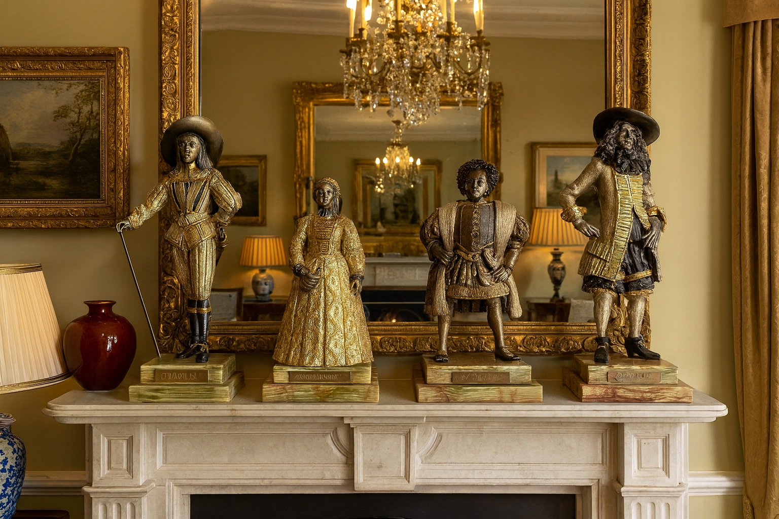 Bronze Figure, Queen Elizabeth I, Charles I, Gilded and Silvered, Onyx Base