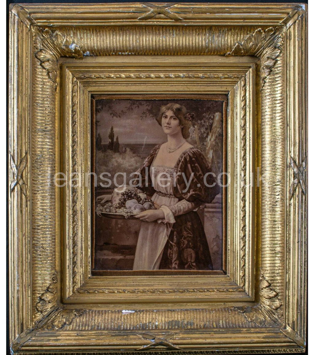 Antique, Chrystoleagram, Lady with fruit Tray, Gilt Framed