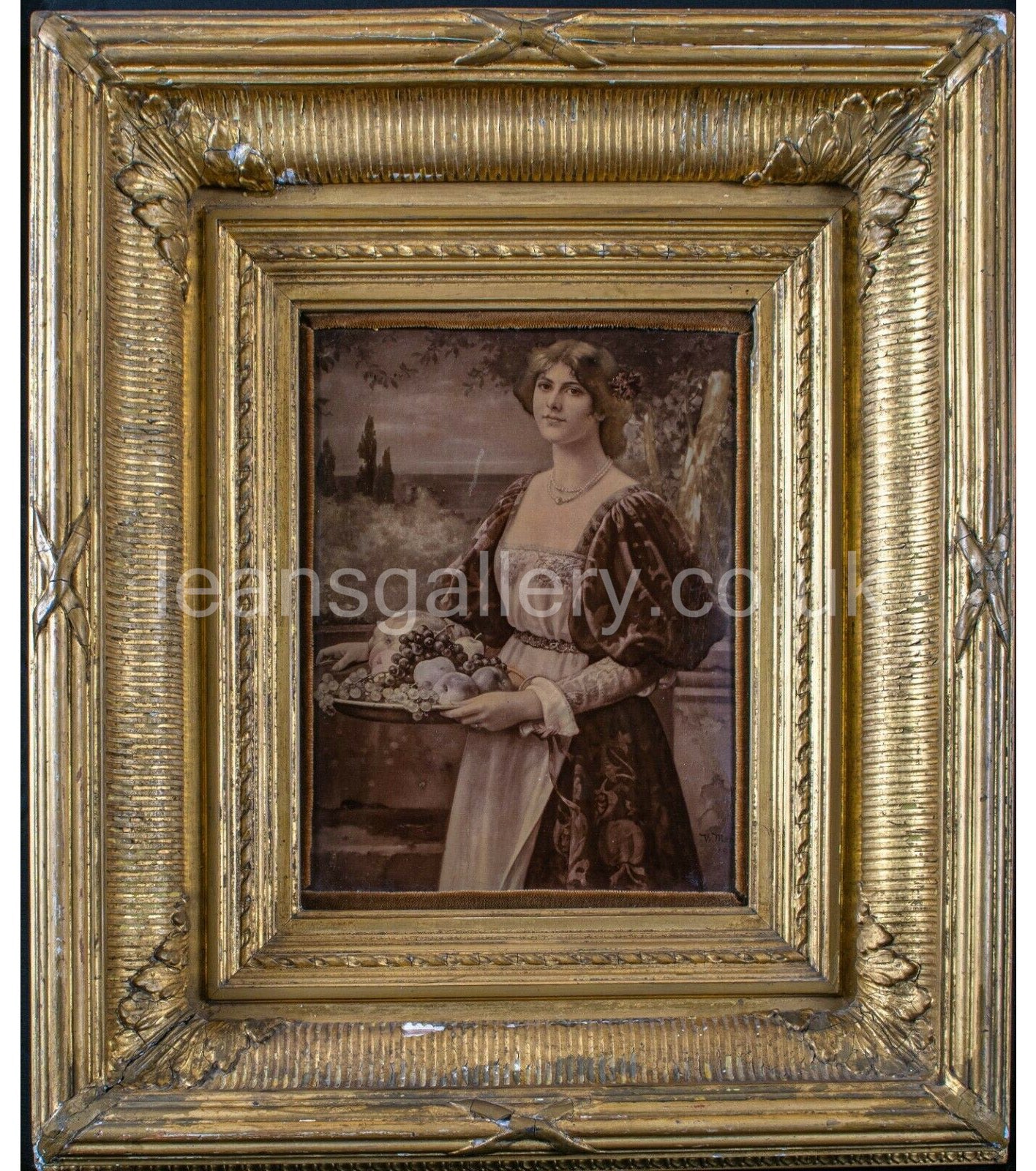 Antique, Chrystoleagram, Lady with fruit Tray, Gilt Framed