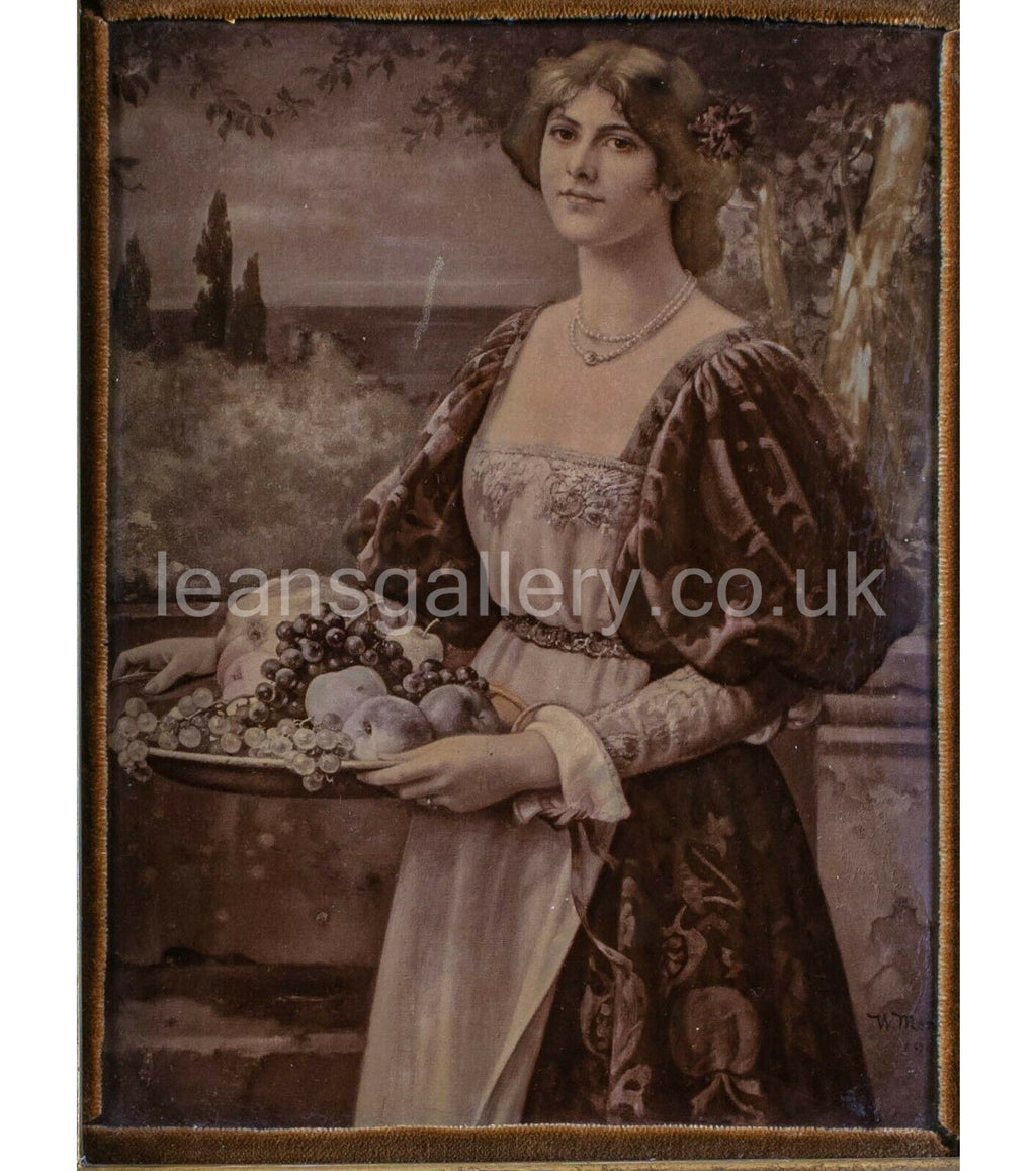 Antique, Chrystoleagram, Lady with fruit Tray, Gilt Framed