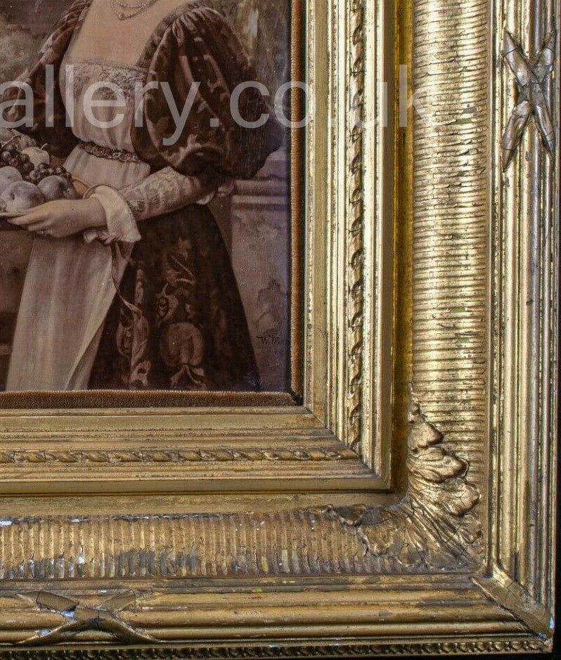Antique, Chrystoleagram, Lady with fruit Tray, Gilt Framed