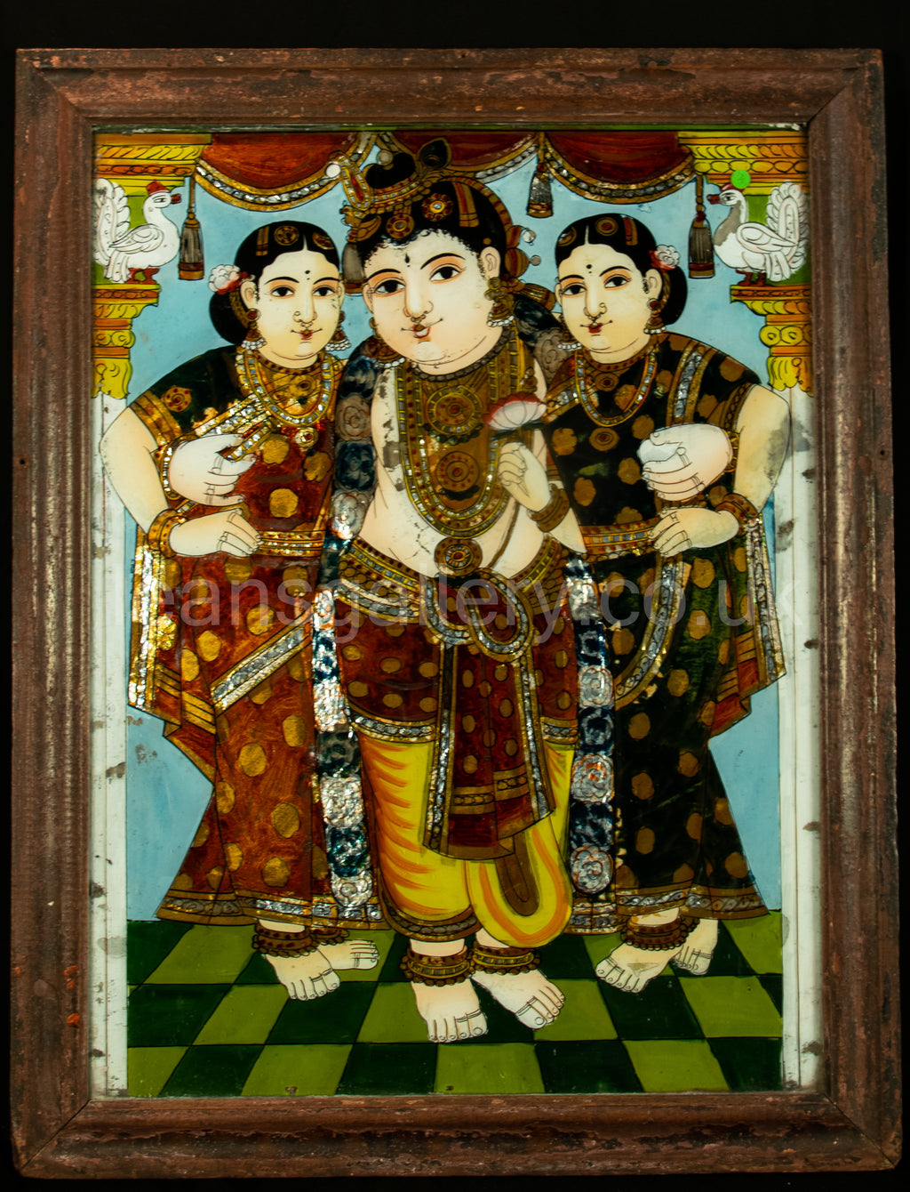 Antique, Reverse, Glass Painting, 19th C, South Indian, Lord Krishna