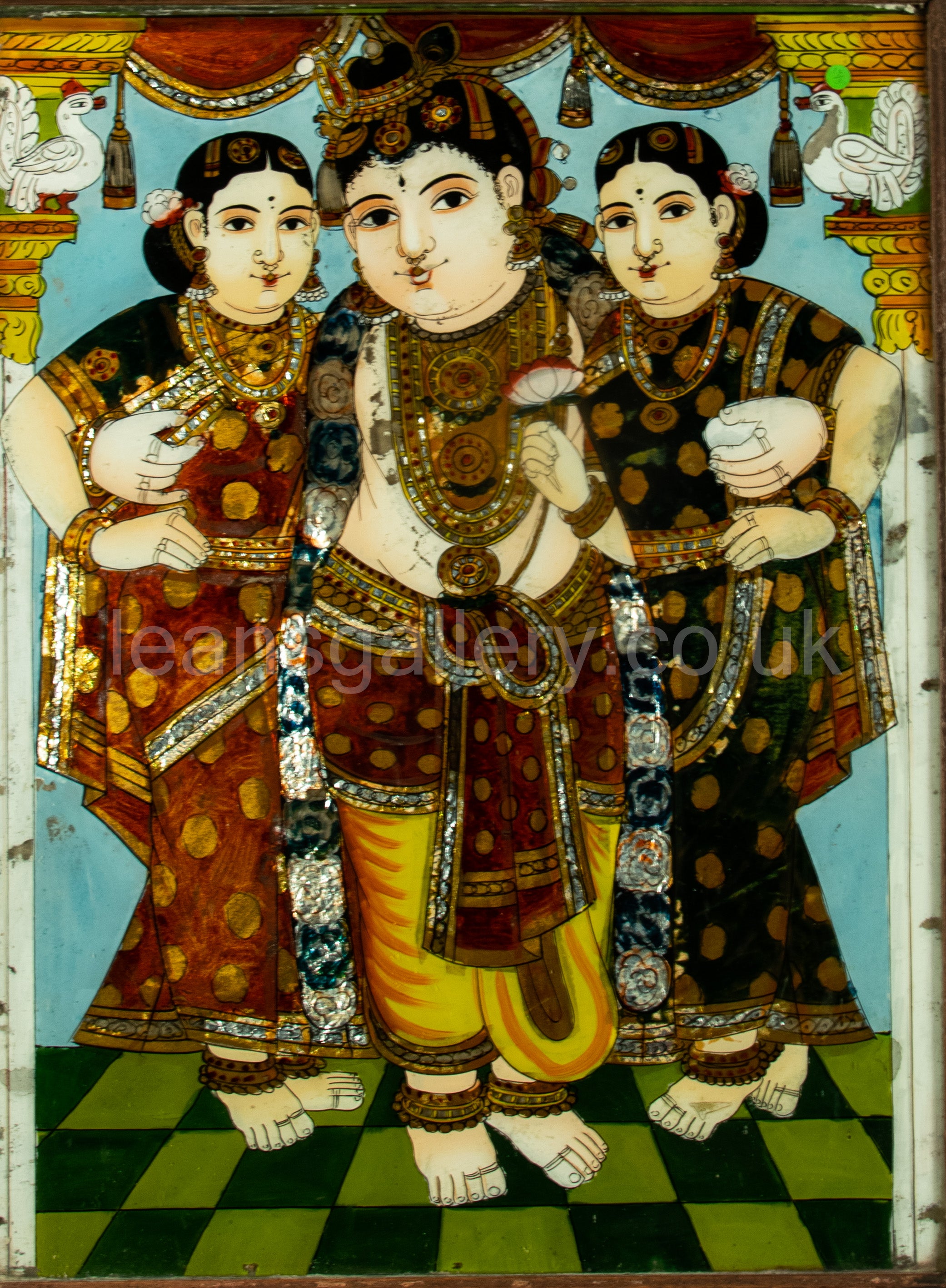 Antique, Reverse, Glass Painting, 19th C, South Indian, Lord Krishna
