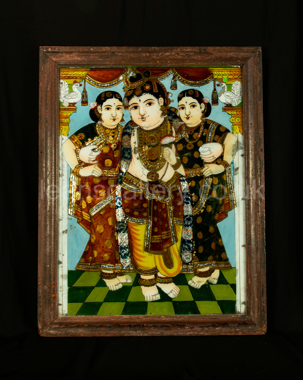 Antique, Reverse, Glass Painting, 19th C, South Indian, Lord Krishna