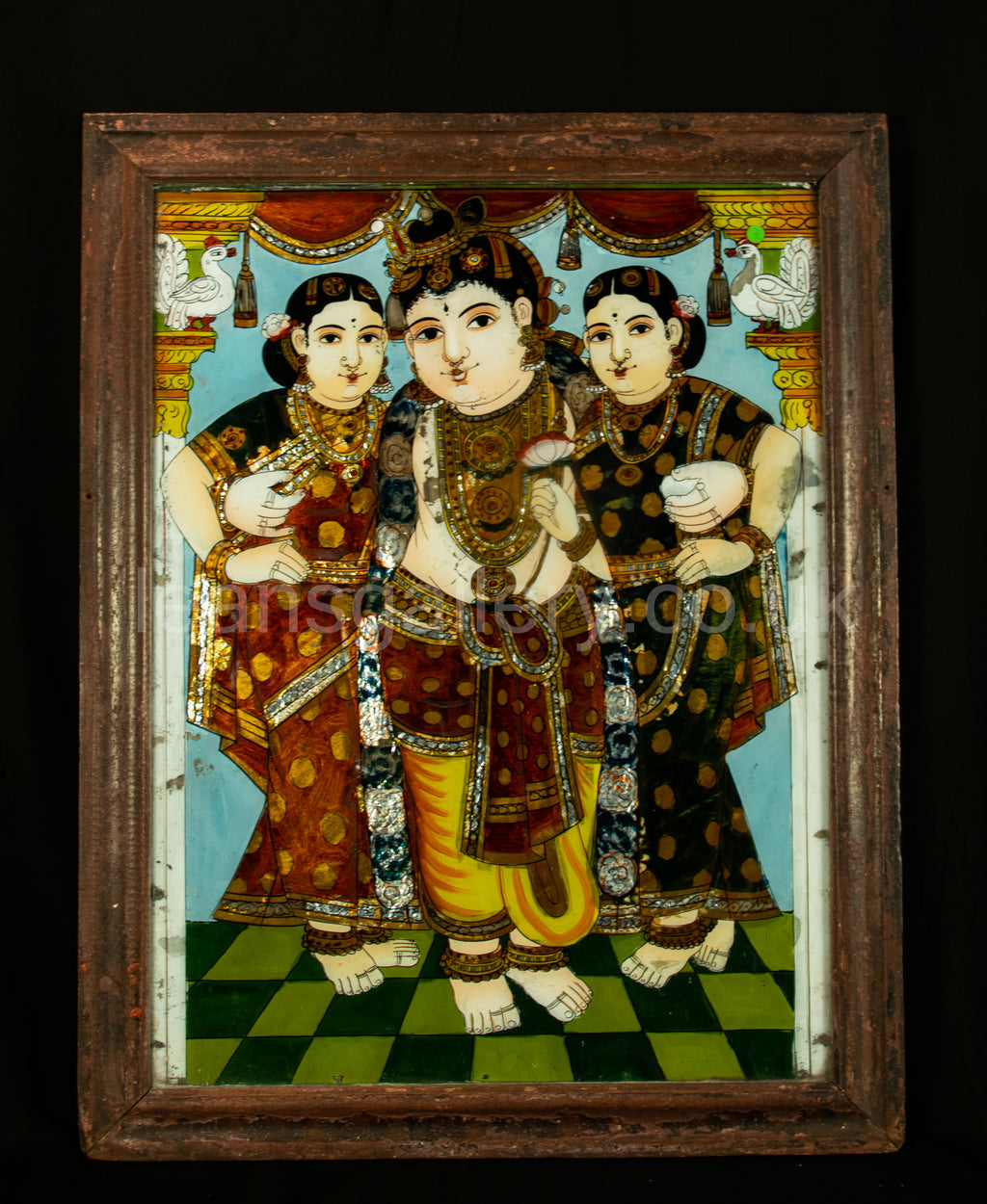Antique, Reverse, Glass Painting, 19th C, South Indian, Lord Krishna