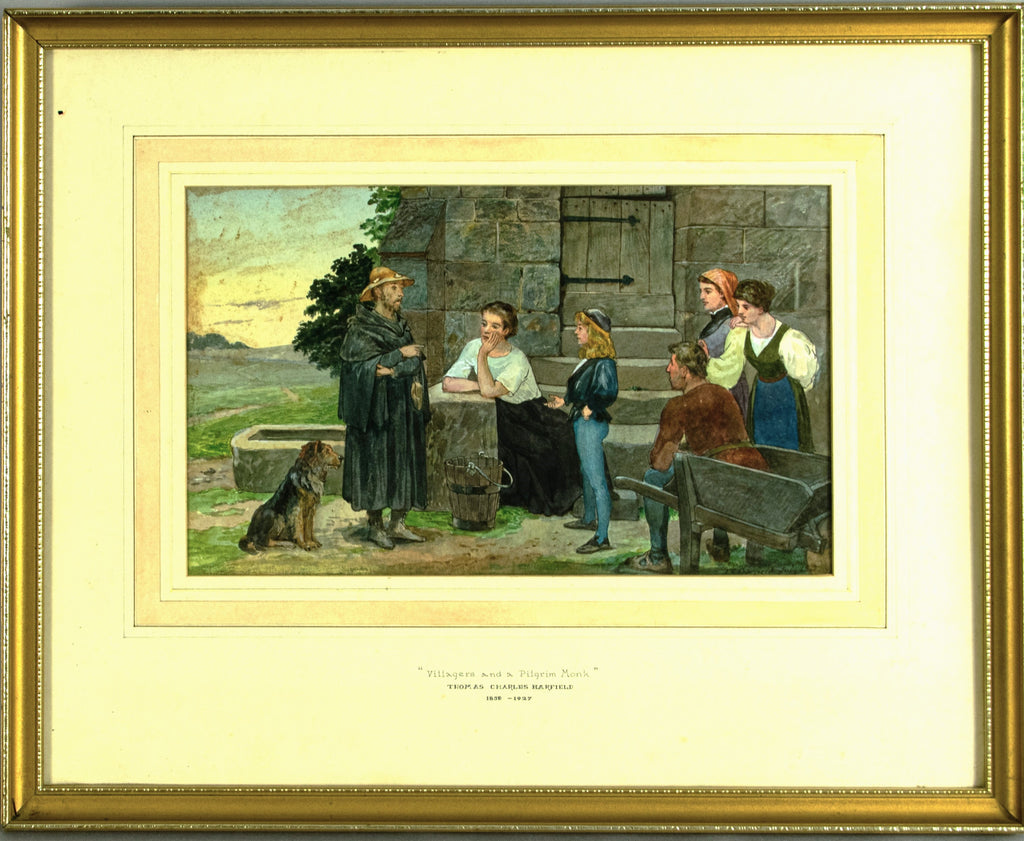 Antique, Watercolour, signed, dated 1892, Pilgrim Monk with Villagers,Charles baerfield