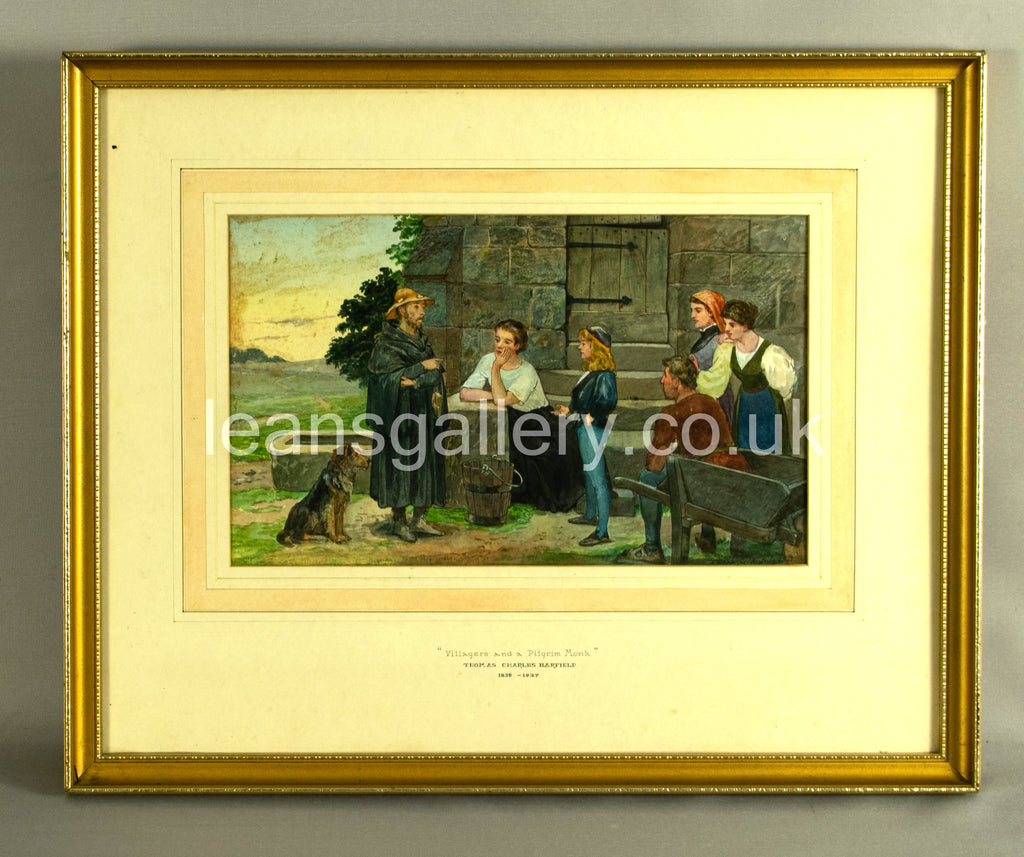 Antique, Watercolour, signed, dated 1892, Pilgrim Monk with Villagers,Charles baerfield