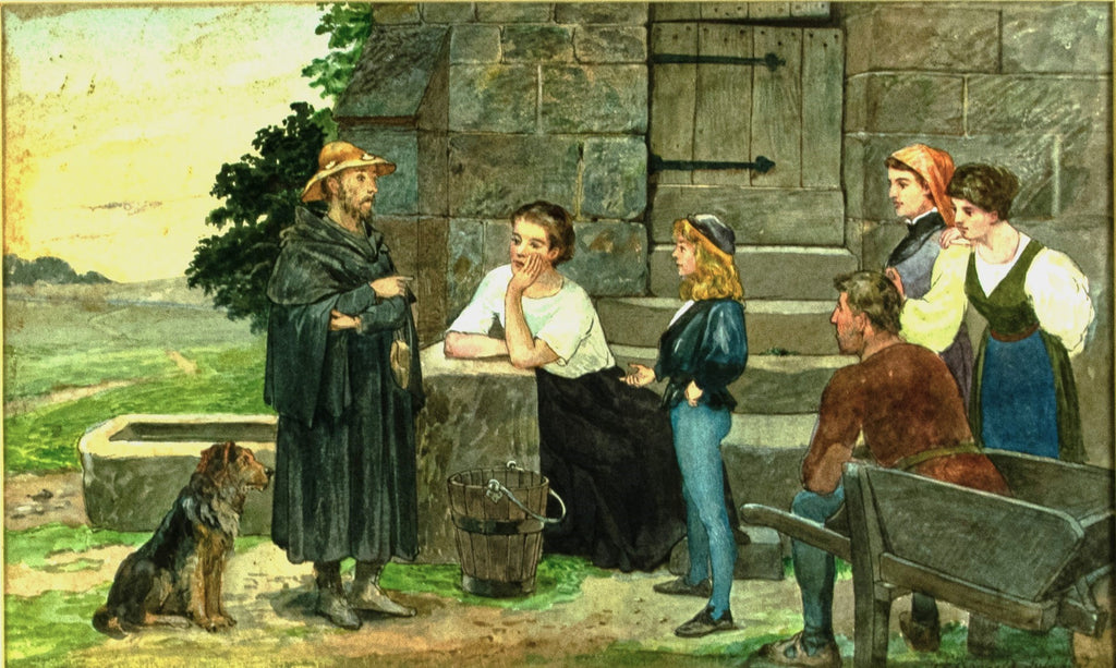 Antique, Watercolour, signed, dated 1892, Pilgrim Monk with Villagers,Charles baerfield