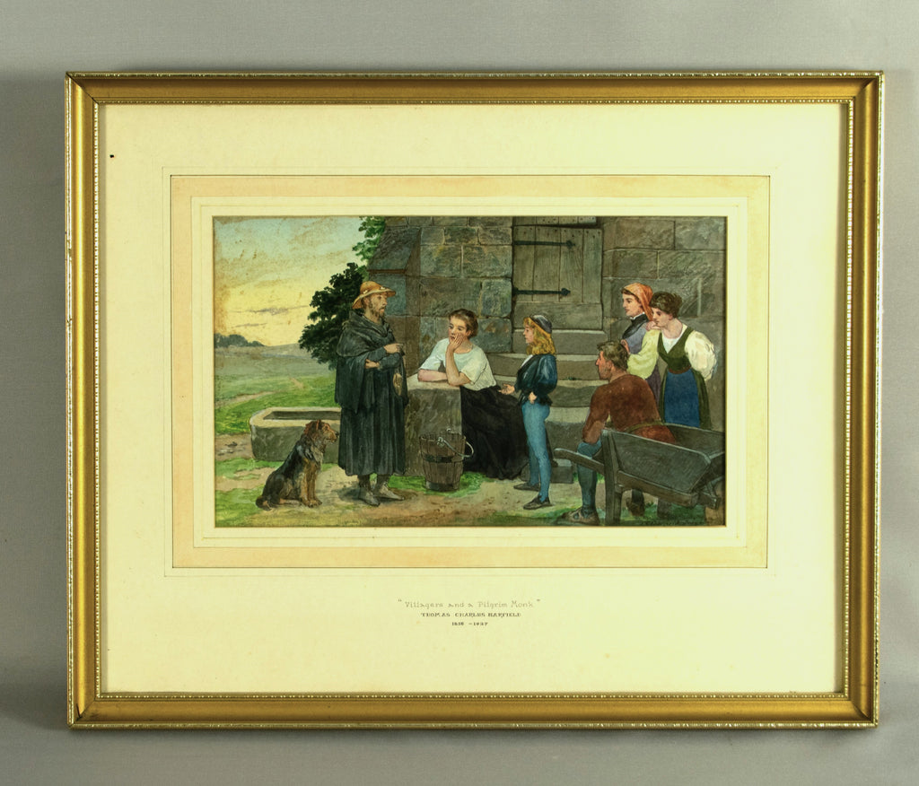 Antique, Watercolour, signed, dated 1892, Pilgrim Monk with Villagers,Charles baerfield