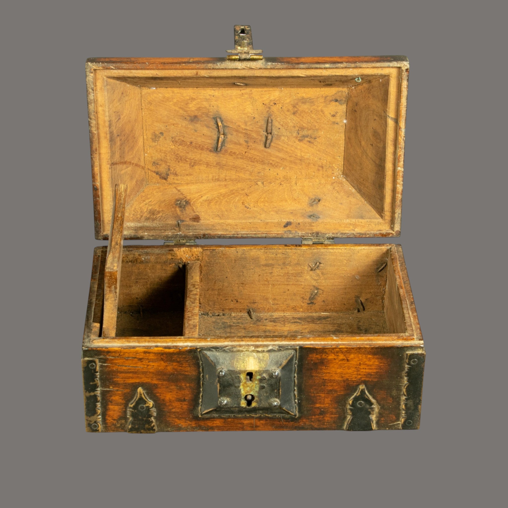 19th Century, Antique, Teakwood Box, with Brass and Iron Hinges, South Indian,