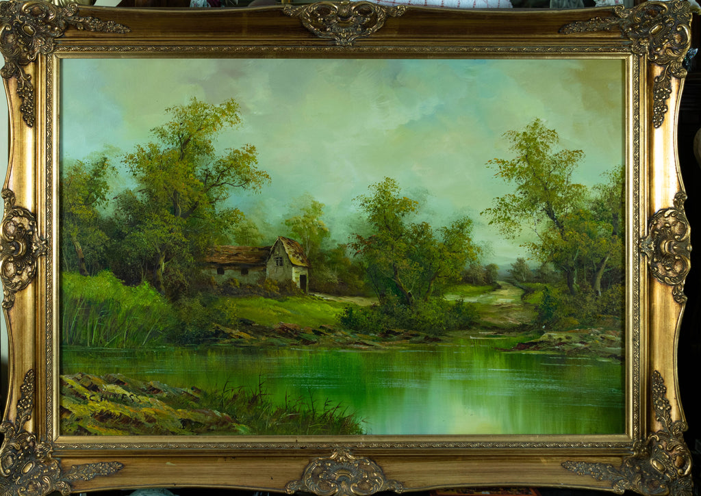 Oil Painting, River Landscape with Cottage, Clara Davis Innes, American