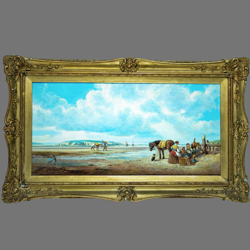 Oil Painting,  Canvas Antique, Fishing Families on the Beach at low tide, signed