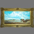 Oil Painting,  Canvas Antique, Fishing Families on the Beach at low tide, signed