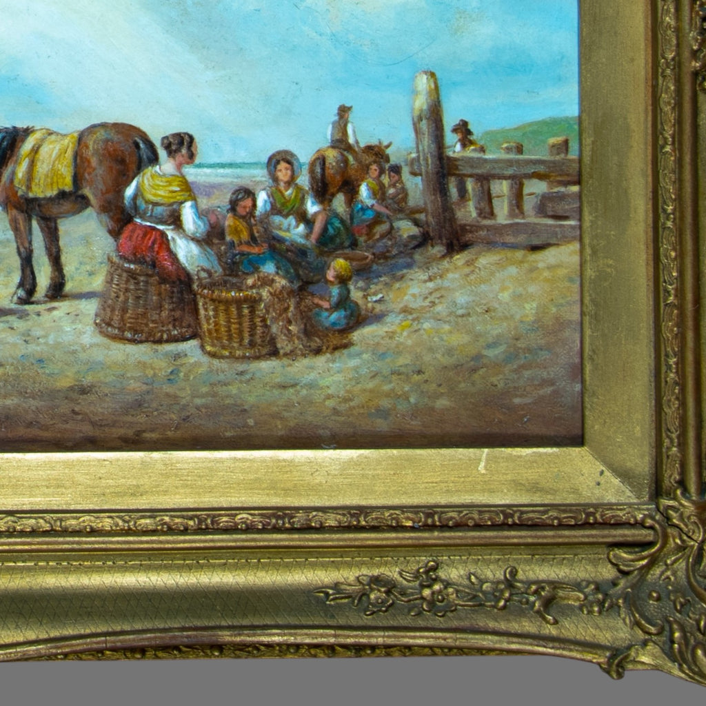 Oil Painting,  Canvas Antique, Fishing Families on the Beach at low tide, signed