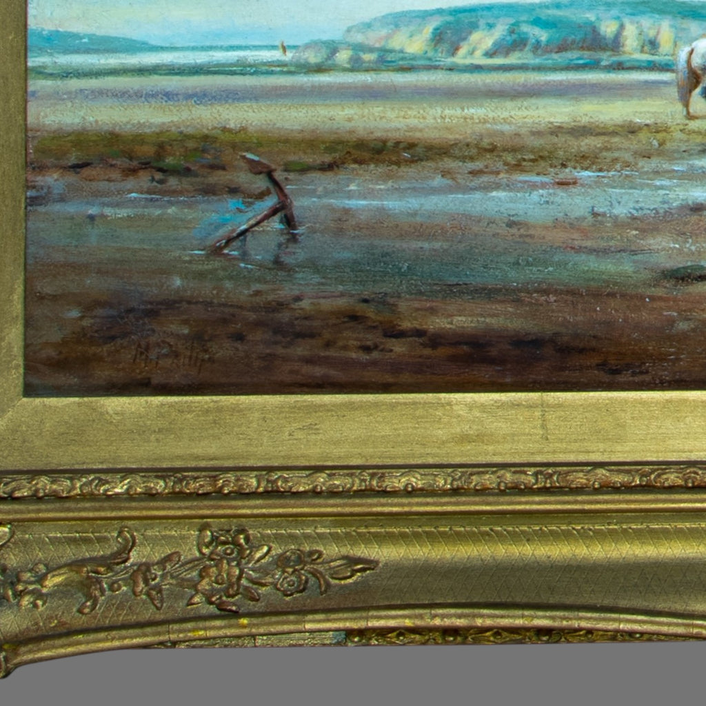 Oil Painting,  Canvas Antique, Fishing Families on the Beach at low tide, signed