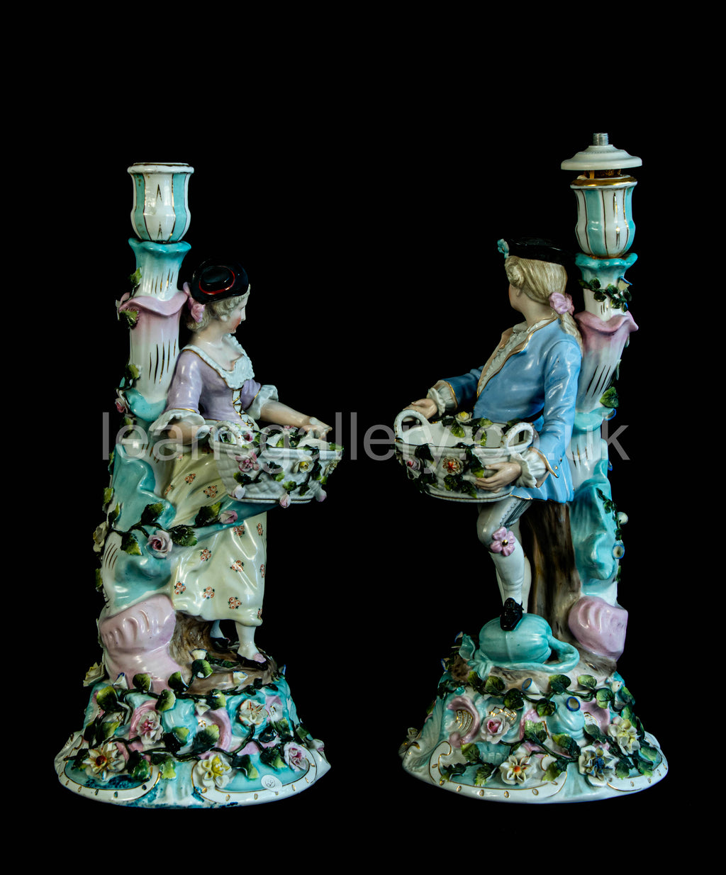 Antique, 19th Century, Sitzendorf, Porcelain, Figural Candlesticks, Pair