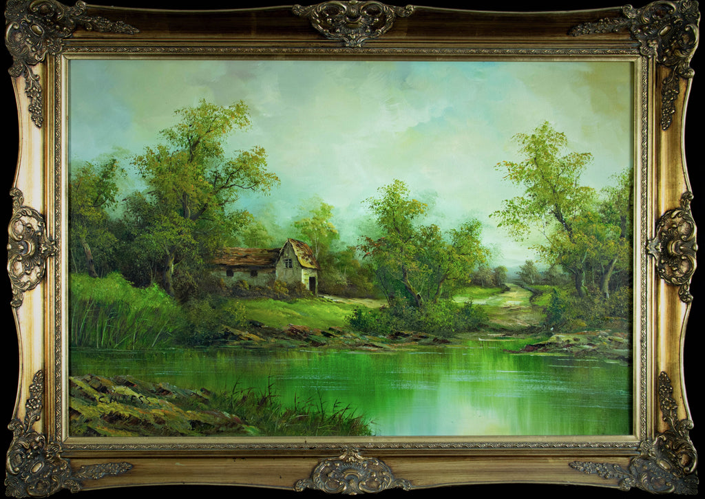Oil Painting, River Landscape with Cottage, Clara Davis Innes, American