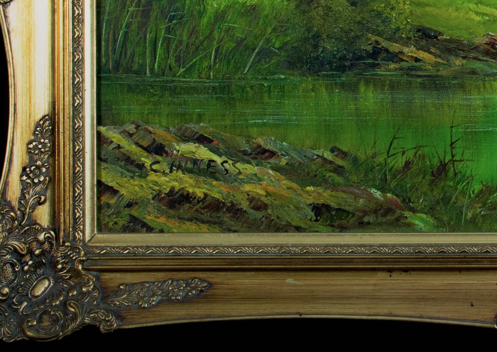 Oil Painting, River Landscape with Cottage, Clara Davis Innes, American