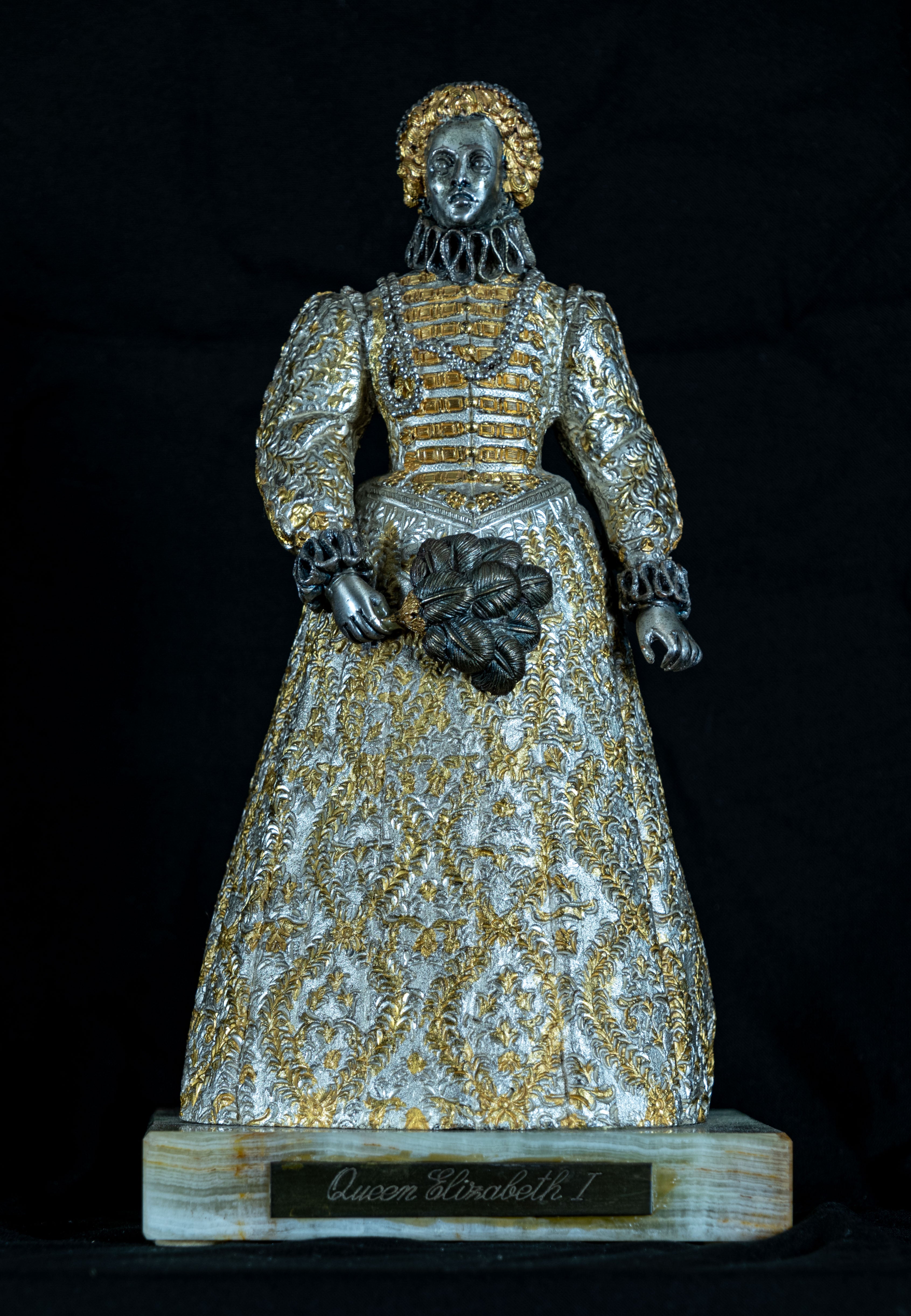 Queen Elizabeth I, Bronze, Gilded and Silvered, Onyx Base, Contemporary