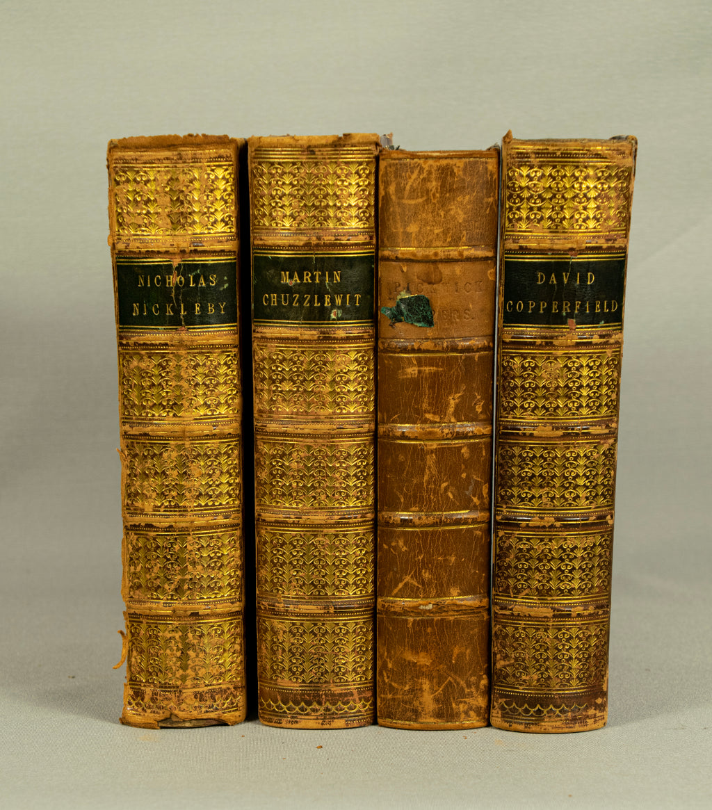 Antique Charles Dickens, 4-Volume Set, Half Calf Leather Binding, 19th Century