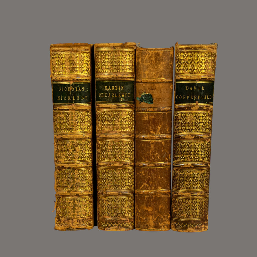 Charles Dickens, Books, 4-Volume Set, Antique, Half Calf Leather Binding, 19th Century