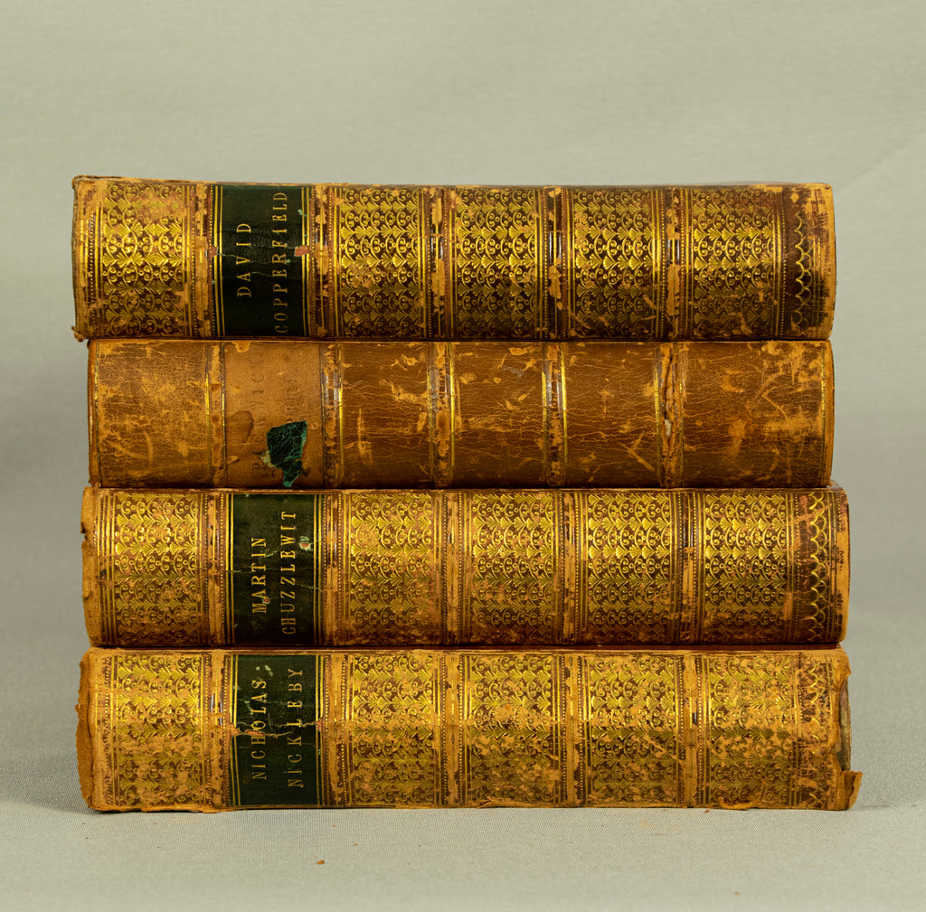 Antique Charles Dickens, 4-Volume Set, Half Calf Leather Binding, 19th Century