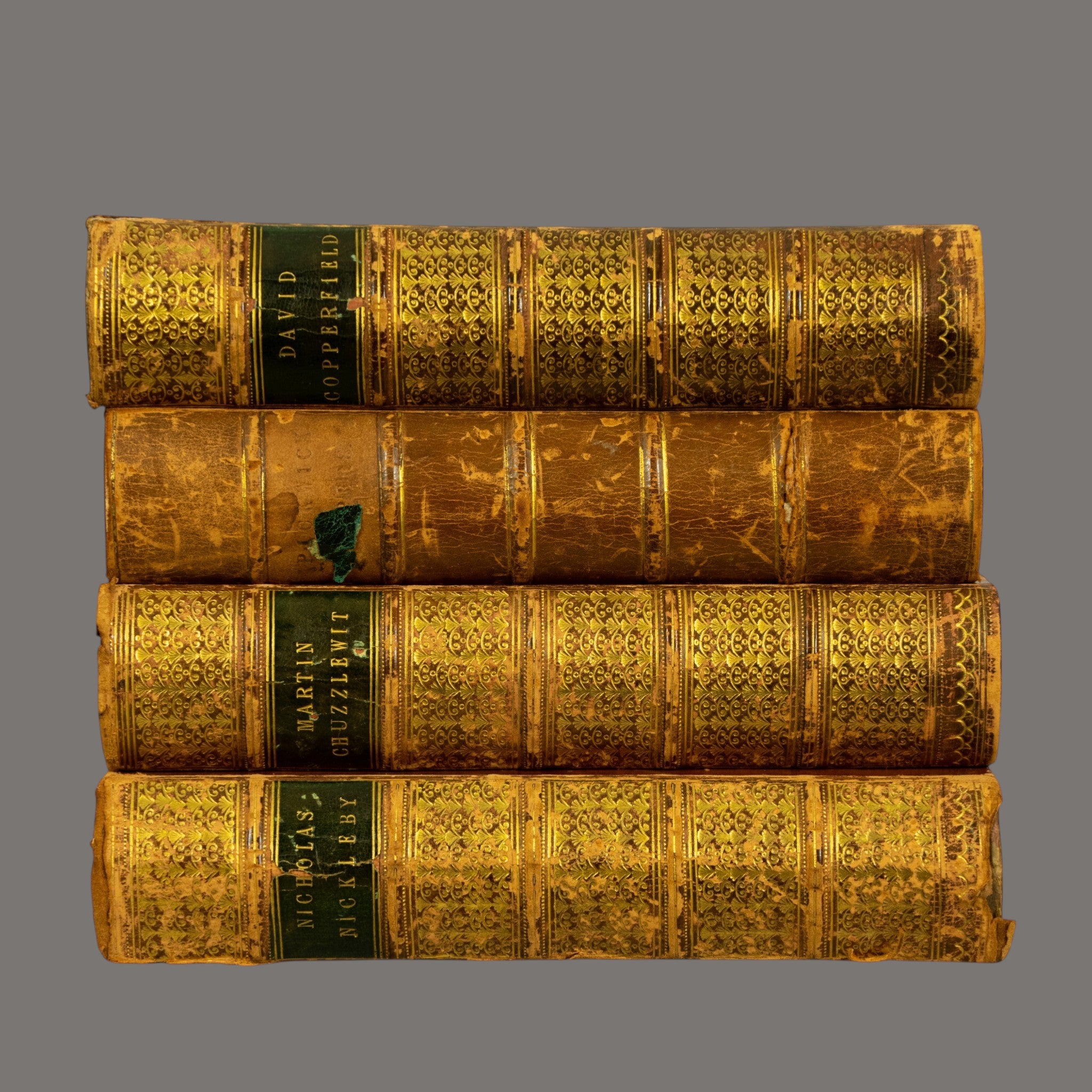 Charles Dickens, Books, 4-Volume Set, Antique, Half Calf Leather Binding, 19th Century