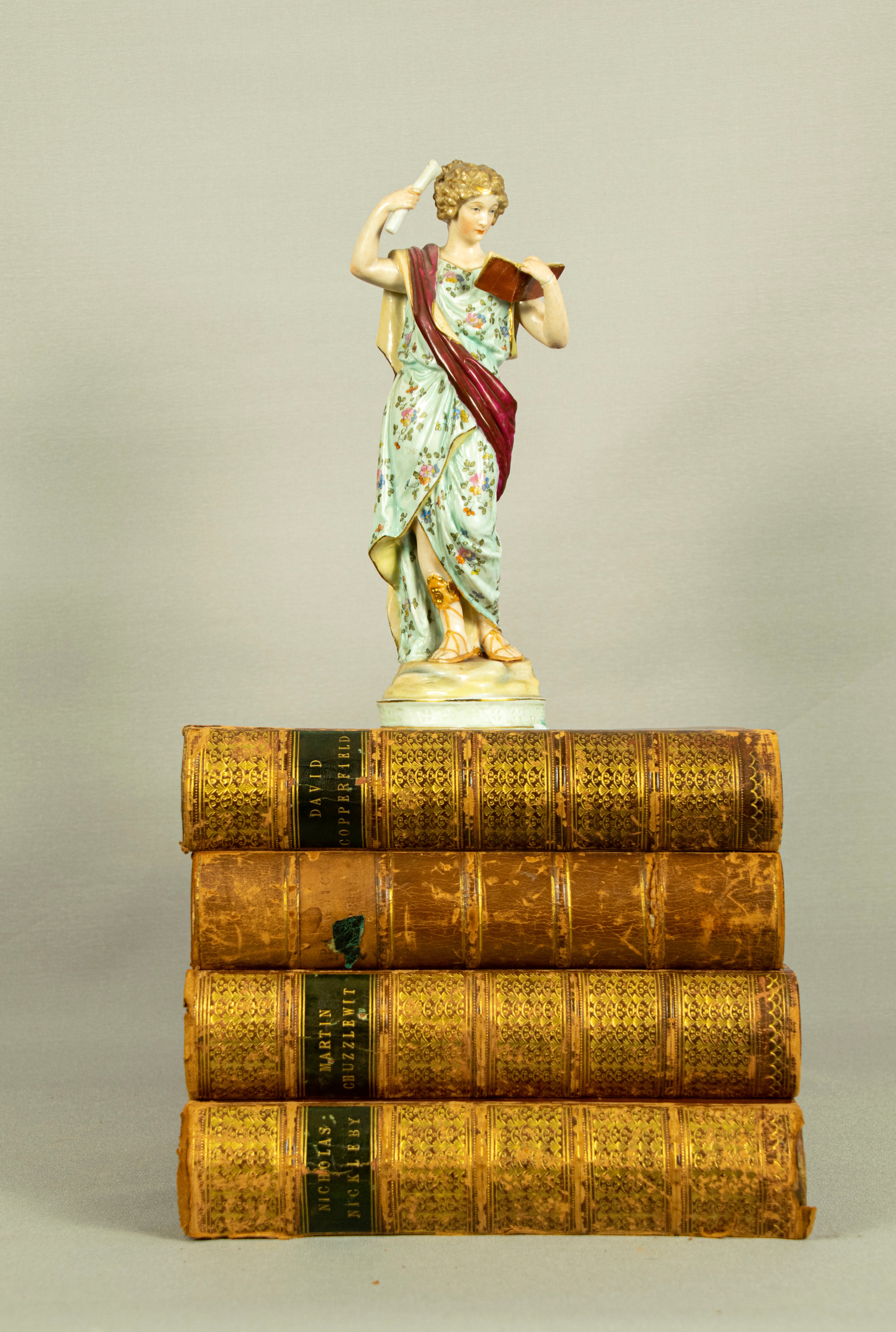 Antique Charles Dickens, 4-Volume Set, Half Calf Leather Binding, 19th Century