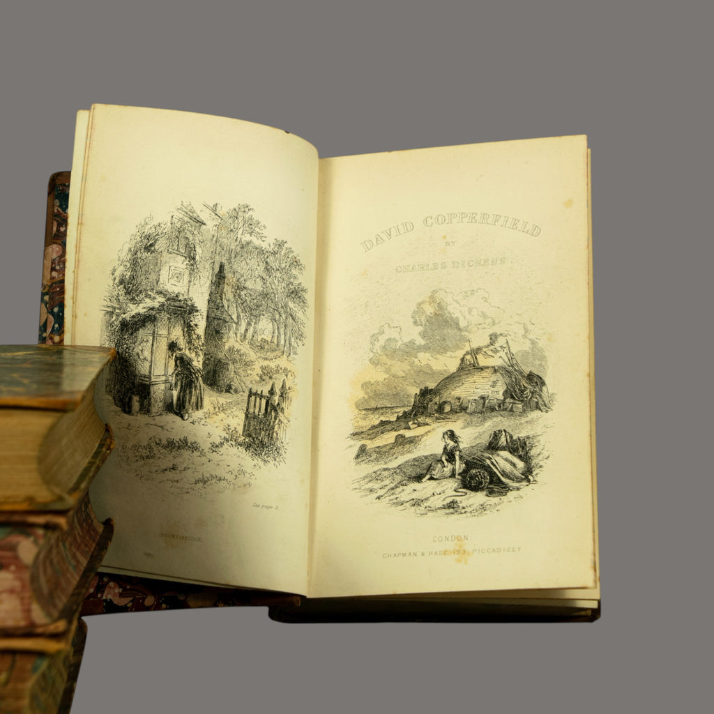 Charles Dickens, Books, 4-Volume Set, Antique, Half Calf Leather Binding, 19th Century