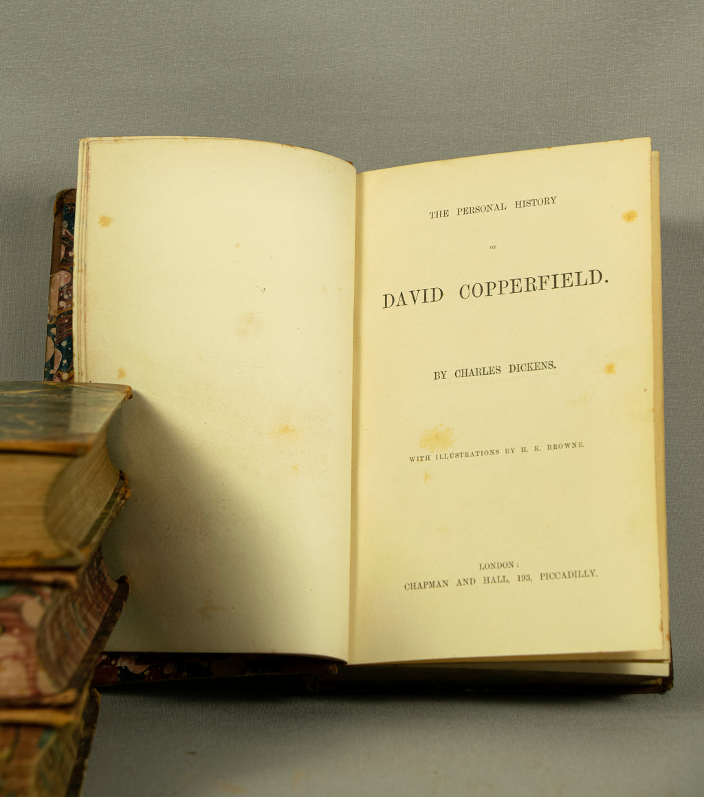 Antique Charles Dickens, 4-Volume Set, Half Calf Leather Binding, 19th Century