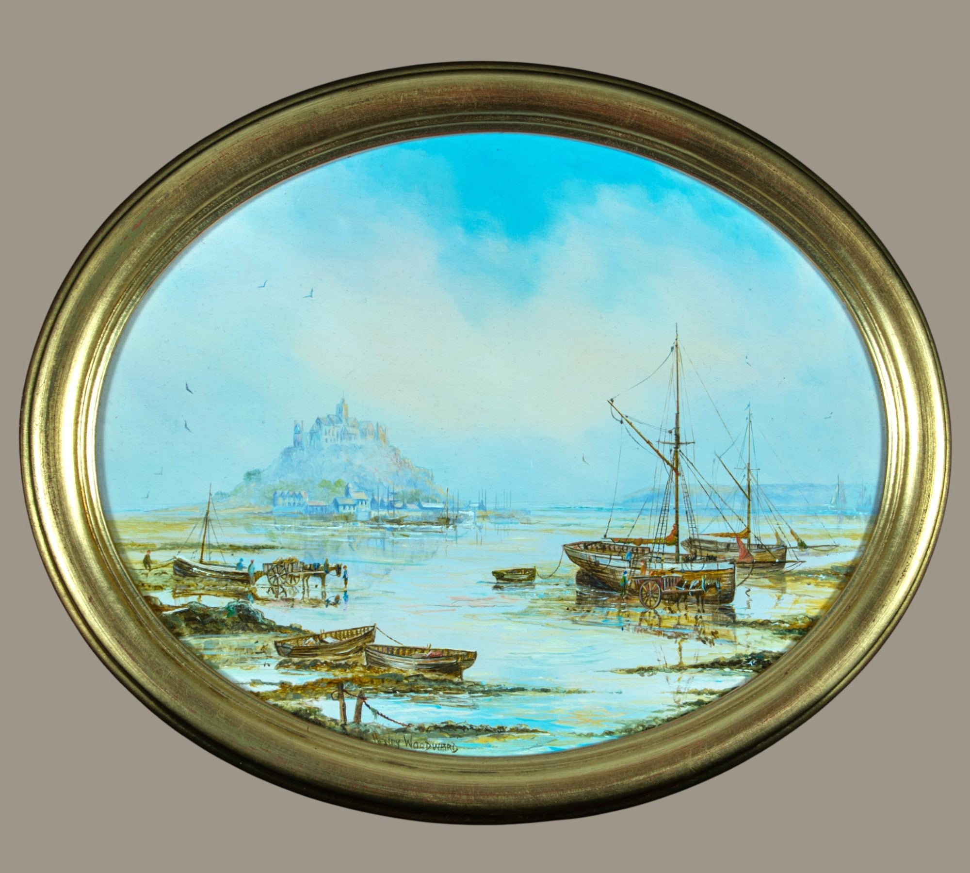 Oil Painting, ˜St Michael™s Mount, Cornwall™, Vintage, Oval, Gilt framed on board