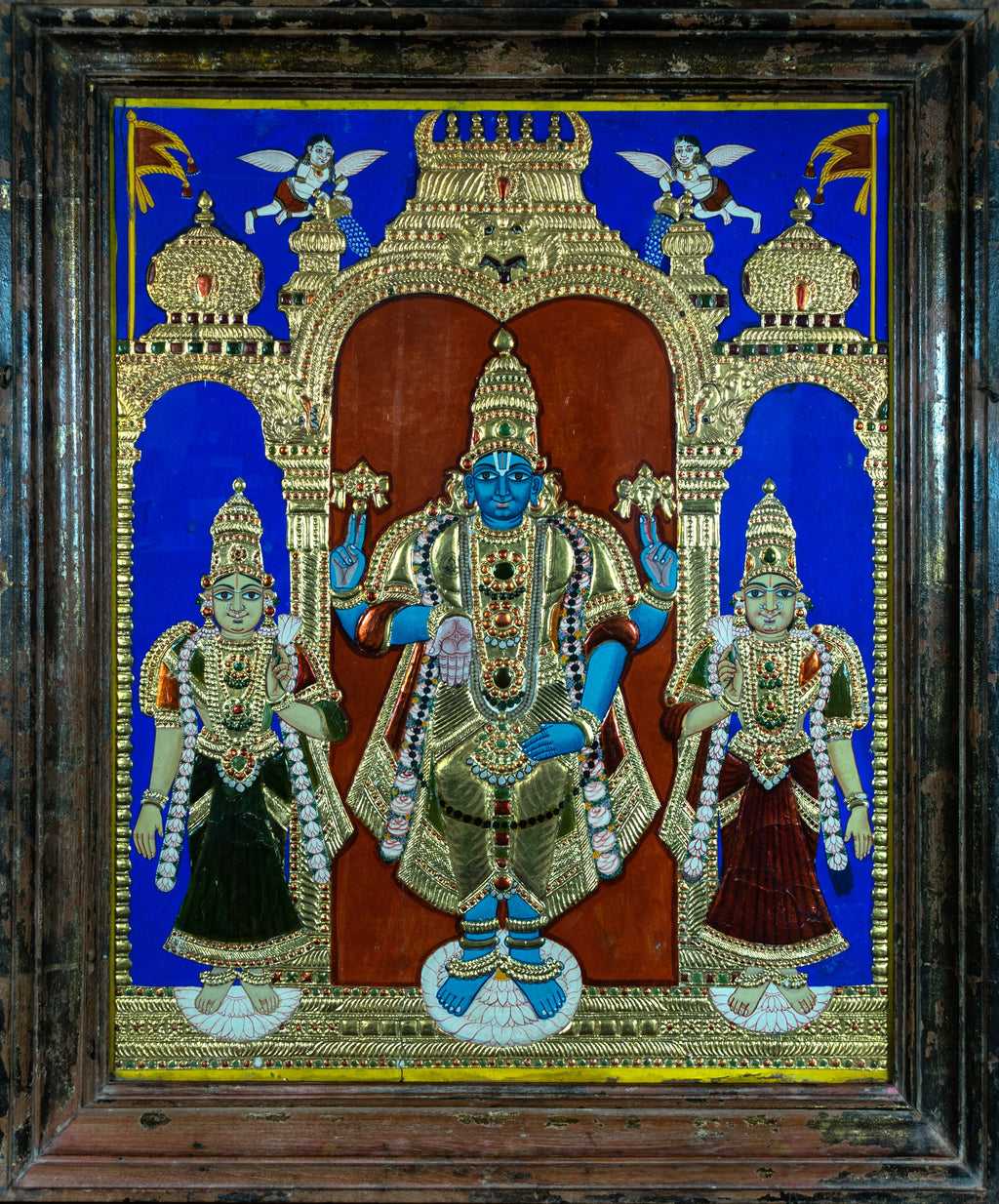 Tanjore Painting, Antique, Lord Vishnu, and Consorts, Asian art