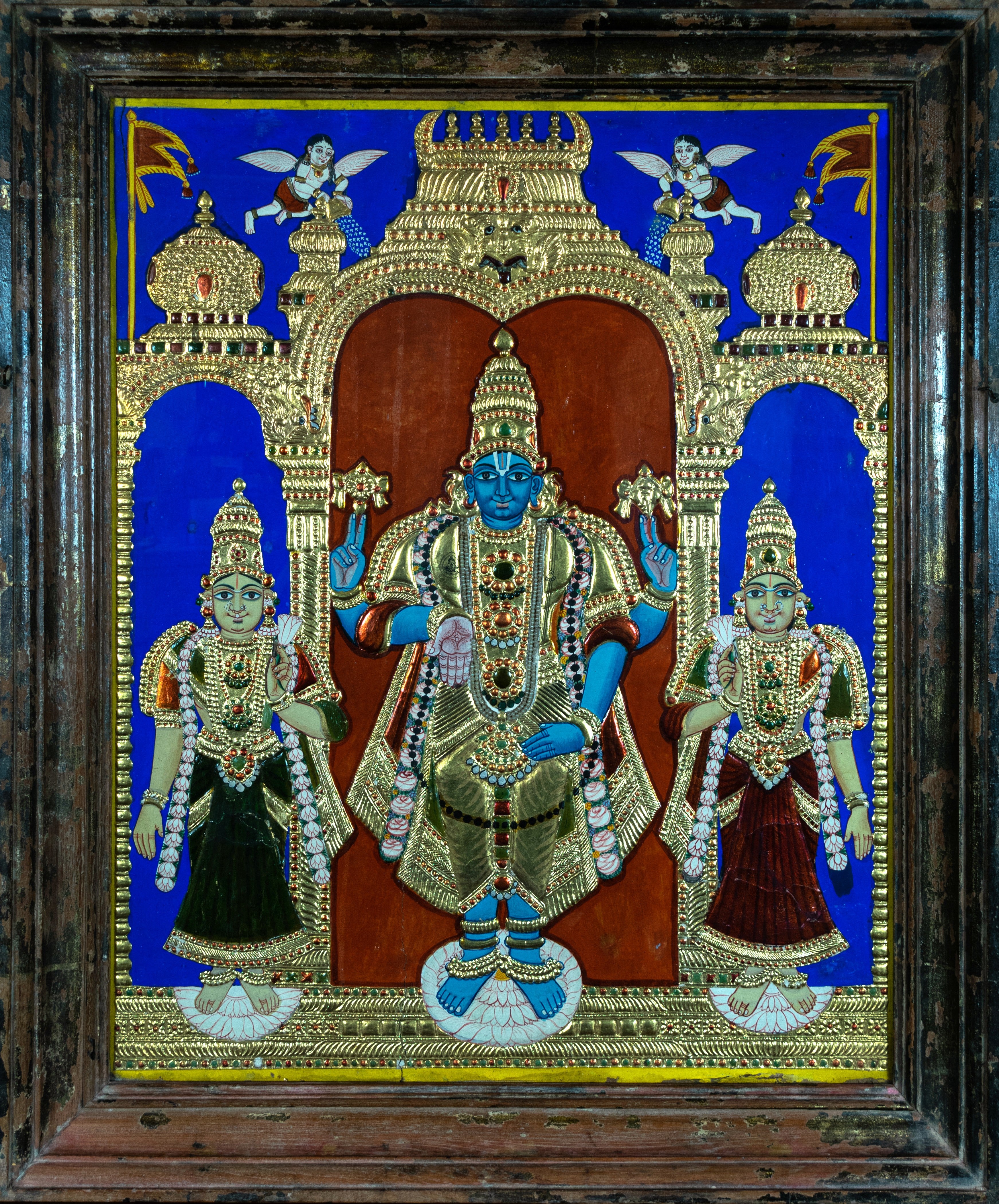 Tanjore Painting, Antique, Lord Vishnu, and Consorts, Asian art