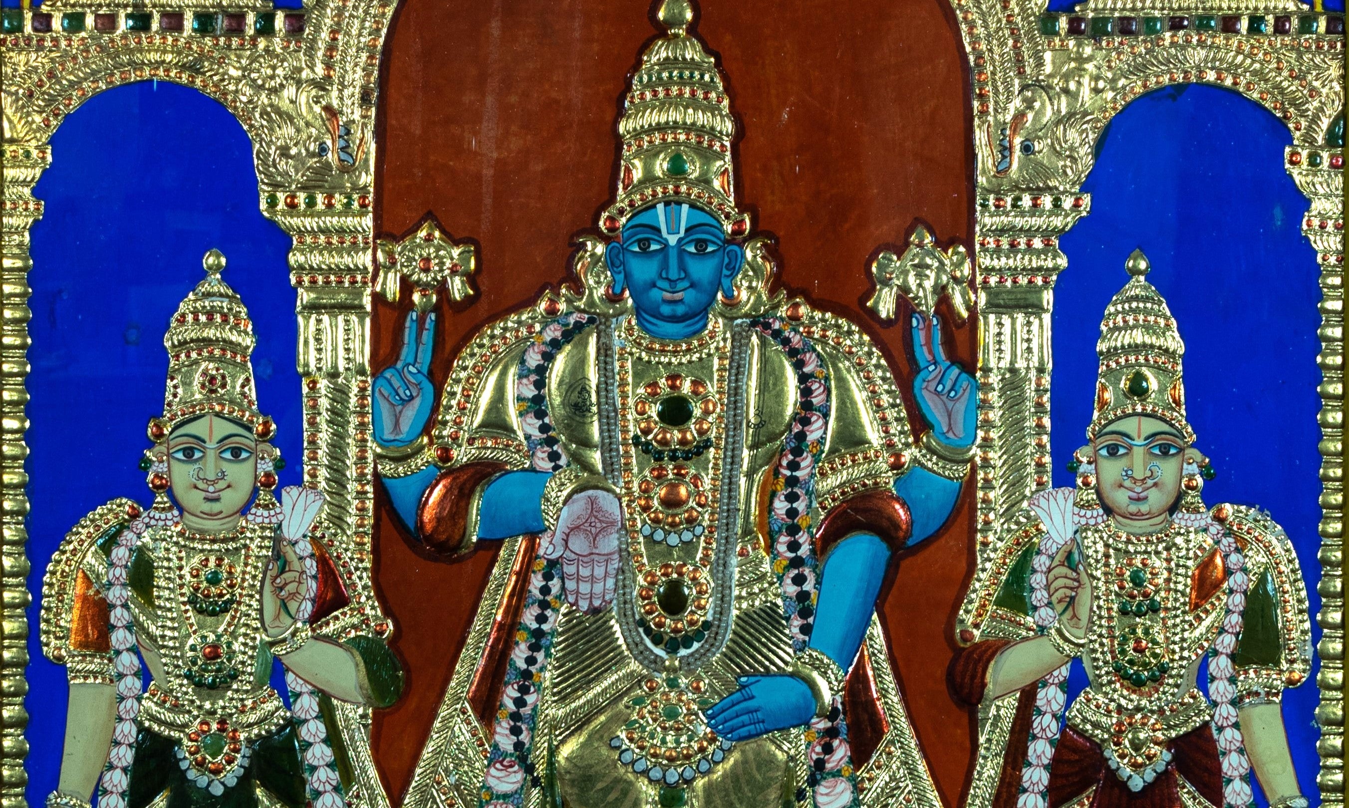 Tanjore Painting, Antique, Lord Vishnu, and Consorts, Asian art